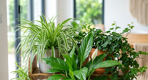 Gros plan sur plusieurs plantes d’intérieur purifiant l’air