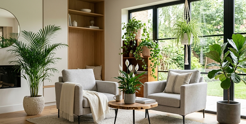 Un salon lumineux et moderne avec de grandes fenêtres, plusieurs plantes d’intérieur connues pour purifier l’air